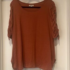 Max Studio Rust Blouse with Ruched Sleeves